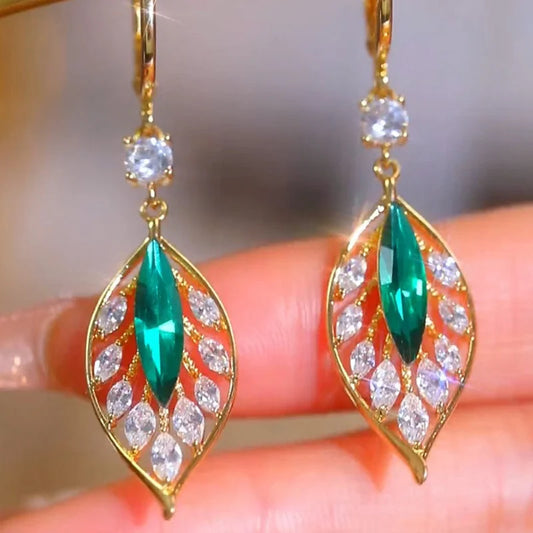 Green Gemstone Leaf Earrings