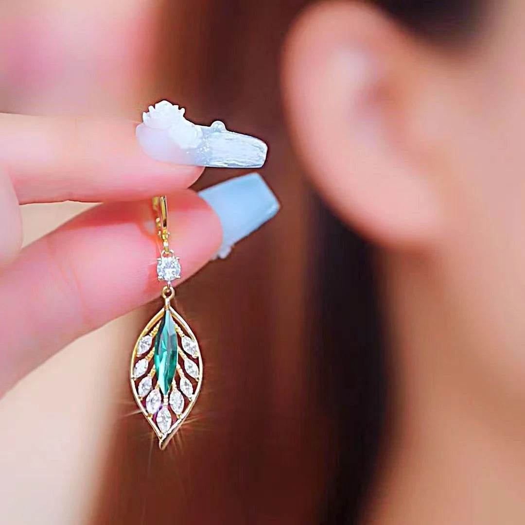 Green Gemstone Leaf Earrings